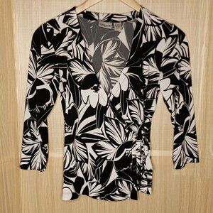 Chicos Floral Black And White Long Sleeve Wrap Top